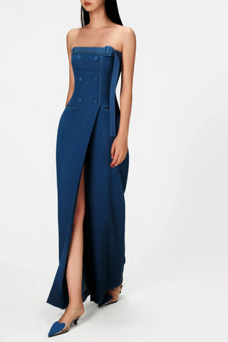 Abbie Denim Strapless Belted Slit Maxi Dress
