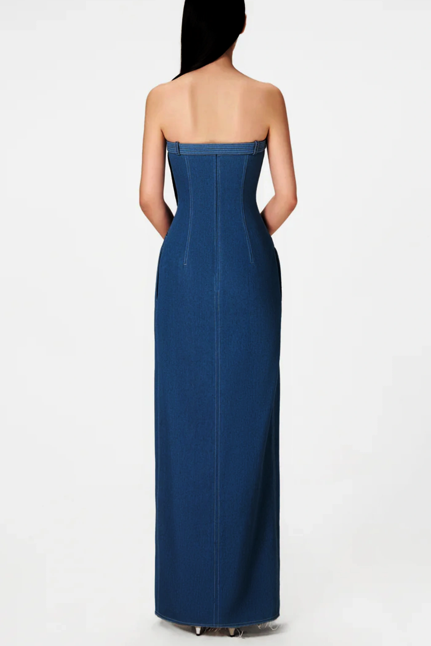 Abbie Denim Strapless Belted Slit Maxi Dress