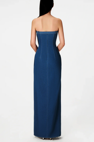Abbie Denim Strapless Belted Slit Maxi Dress