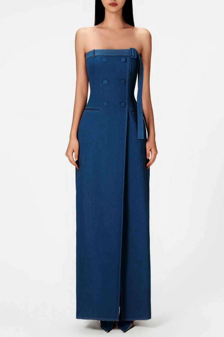 Abbie Denim Strapless Belted Slit Maxi Dress - Stellouette