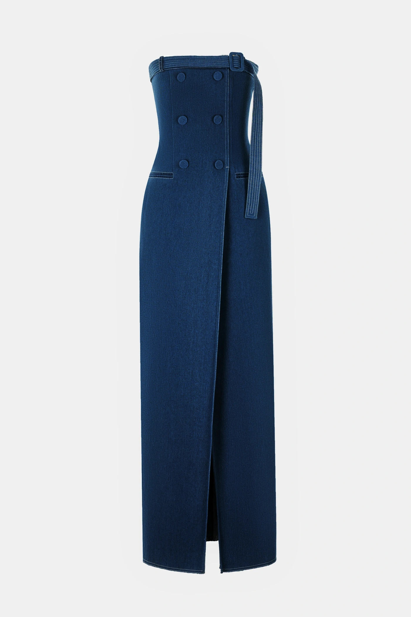 Abbie Denim Strapless Belted Slit Maxi Dress