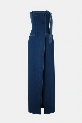 Abbie Denim Strapless Belted Slit Maxi Dress
