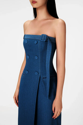 Abbie Denim Strapless Belted Slit Maxi Dress