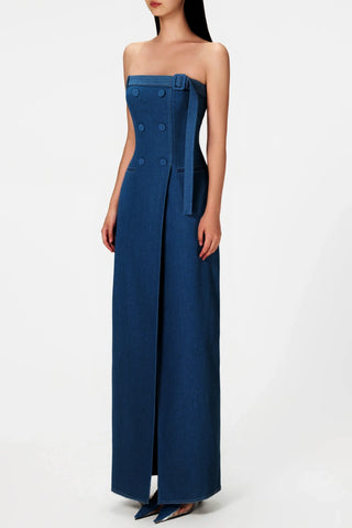 Abbie Denim Strapless Belted Slit Maxi Dress