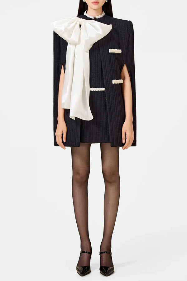 Abene Bow Beaded Embellished Knit Cape & Mini Dress - Black