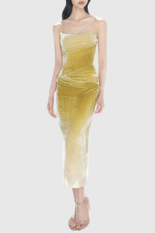 Achsa Velvet Strapless Gradient Ruched Midi Dress