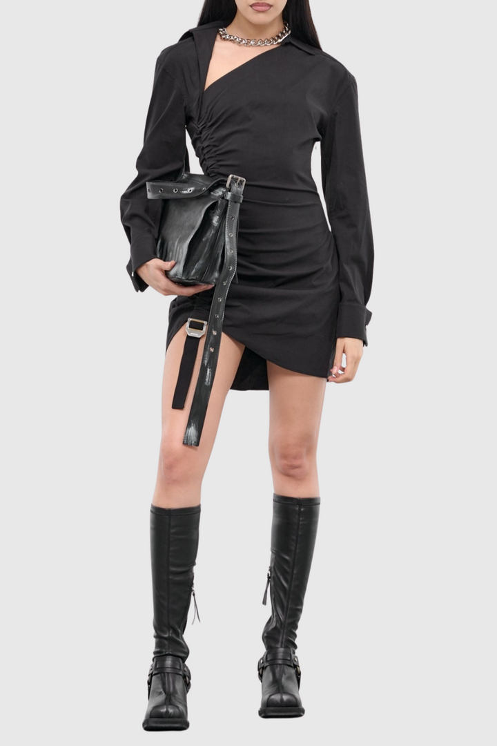 Adamar Asymmetric Buckle Ruched Mini Shirt Dress - Stellouette