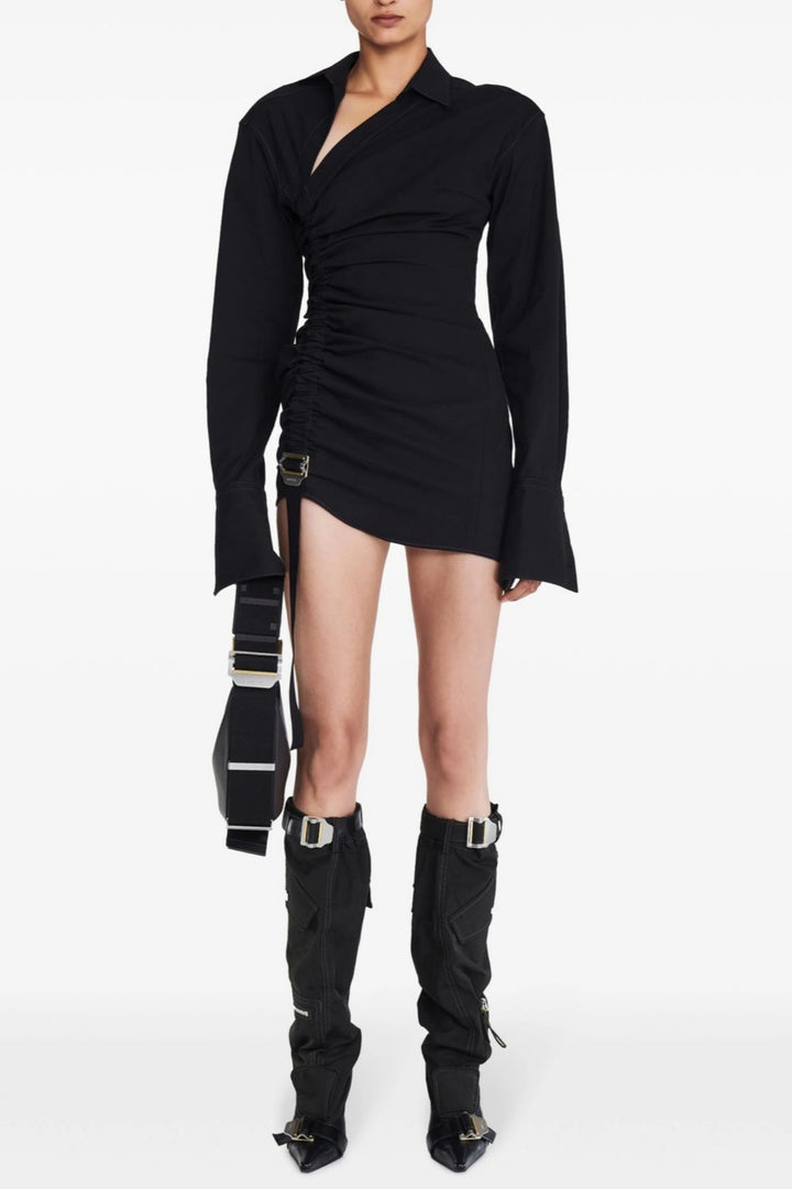 Adamar Asymmetric Buckle Ruched Mini Shirt Dress - Stellouette