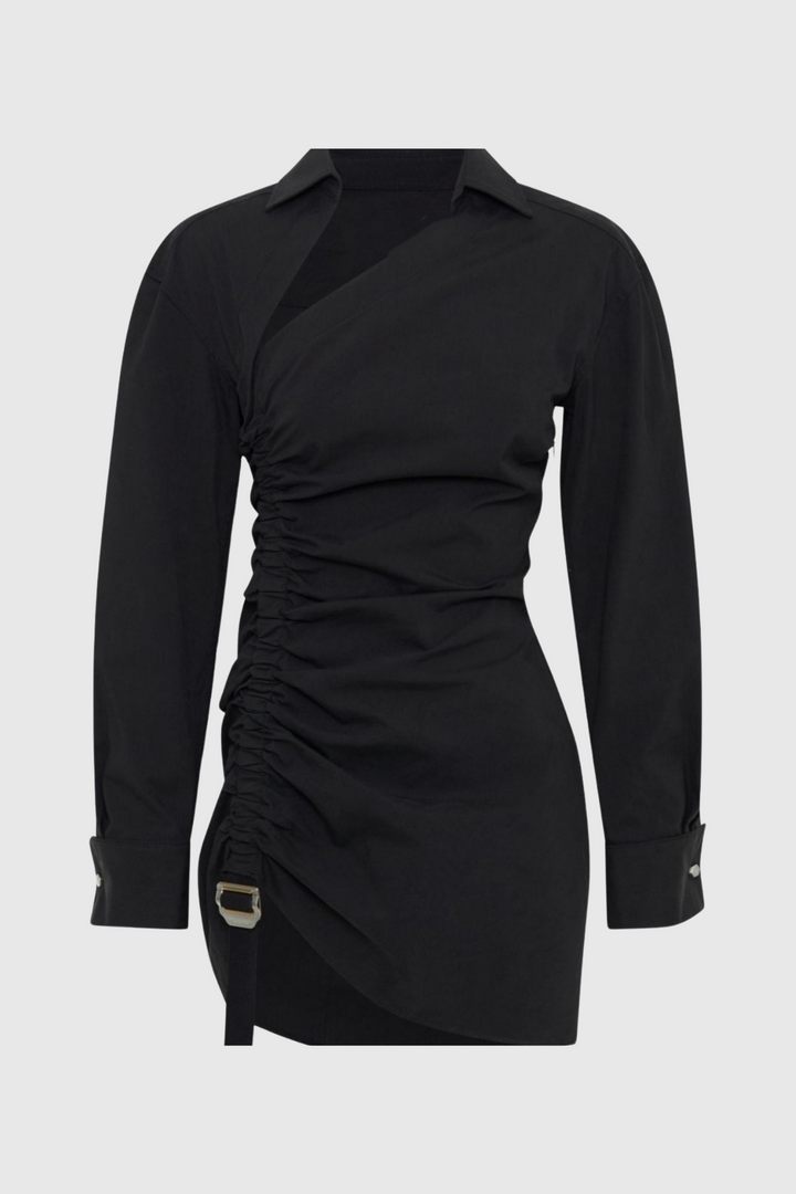 Adamar Asymmetric Buckle Ruched Mini Shirt Dress - Stellouette