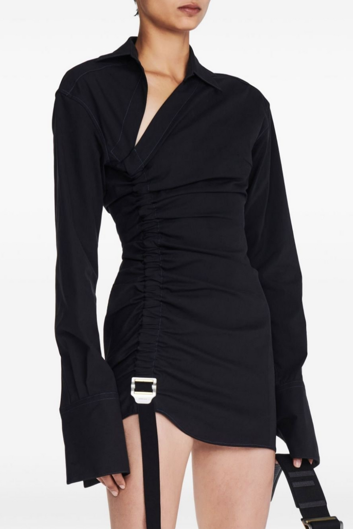 Adamar Asymmetric Buckle Ruched Mini Shirt Dress - Stellouette