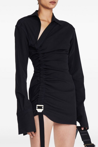 Adamar Asymmetric Buckle Ruched Mini Shirt Dress