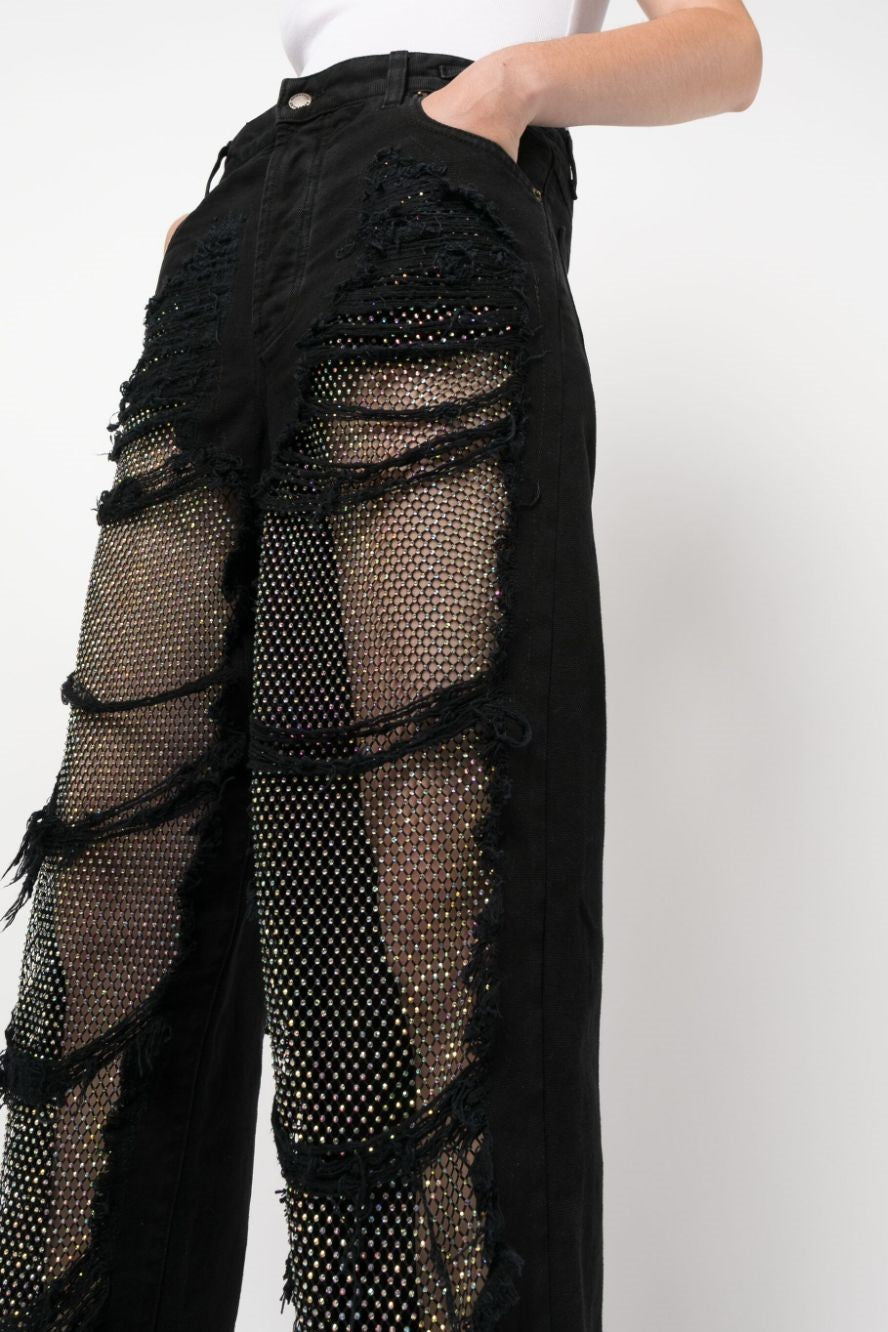 Adelia Crystal Mesh Patchwork Jeans - Black