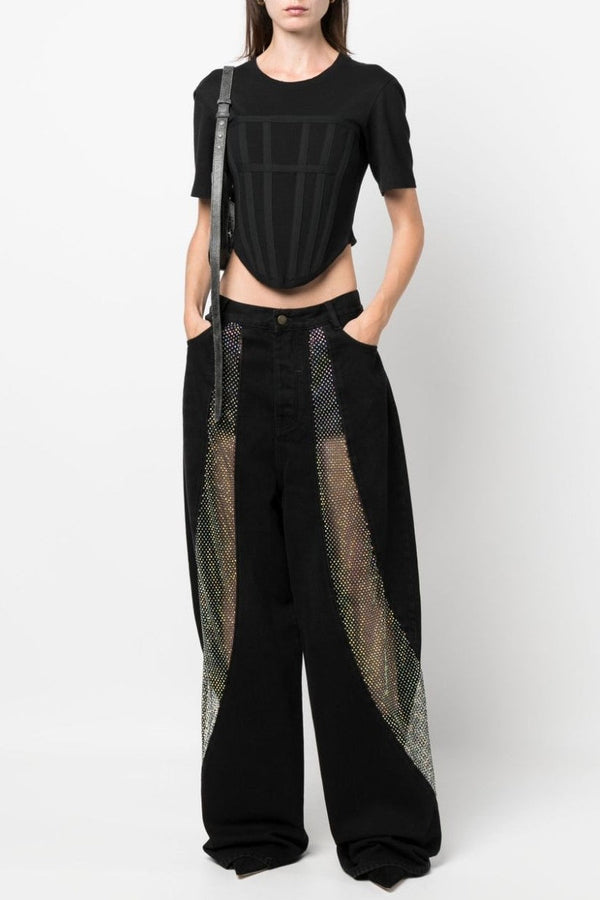 Adelia Crystal Mesh Patchwork Jeans - Black - Stellouette
