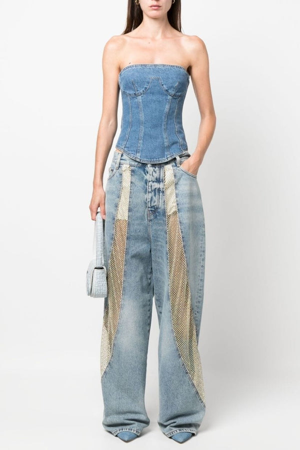 Adelia Crystal Mesh Patchwork Jeans - Blue - Stellouette