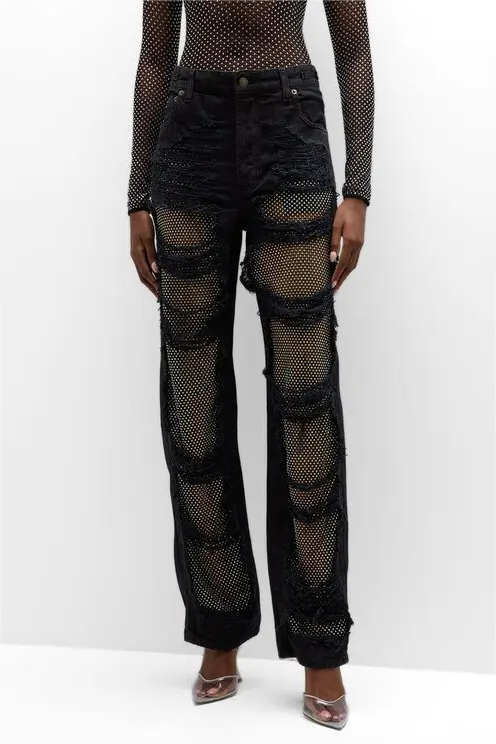 Ainsley Crystal Mesh Straight-Leg Jeans - Stellouette