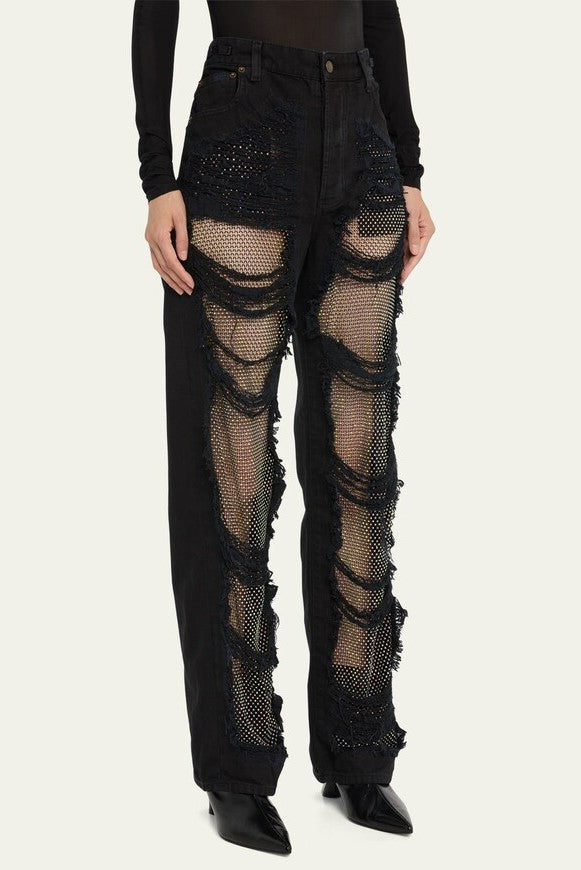 Ainsley Crystal Mesh Straight-Leg Jeans - Stellouette