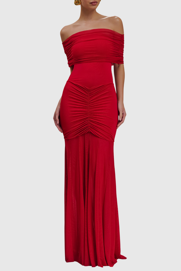 Alera Off Shoulder Mesh Maxi Dress - Red