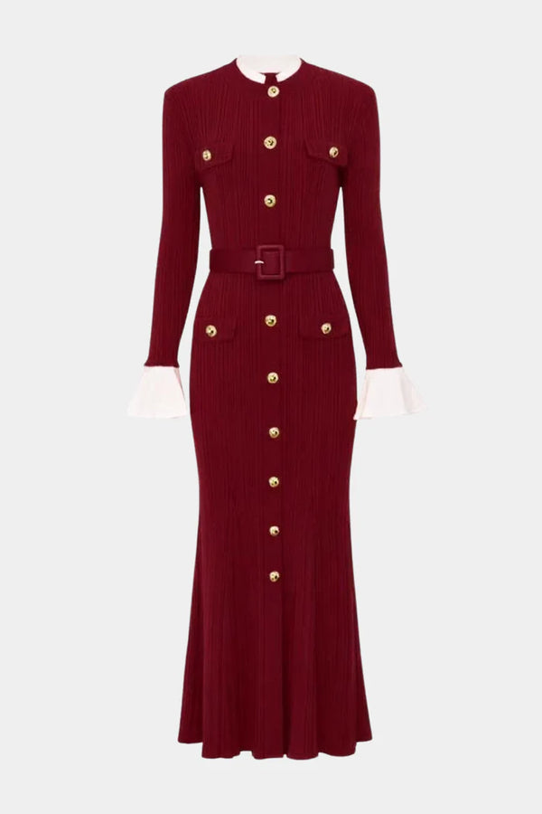 Alioth Ribbed Belted Knit Midi Dress - Wine