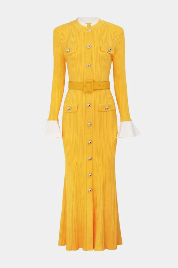 Alioth Ribbed Belted Knit Midi Dress - Yellow