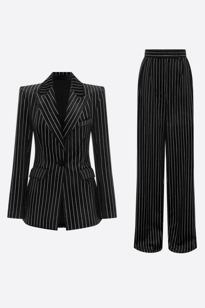 Ally Crystal Pinstripe Blazer Set - Black - Stellouette