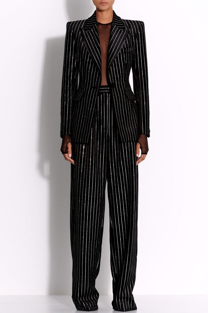 Ally Crystal Pinstripe Blazer Set - Black - Stellouette
