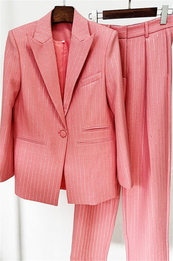 Ally Crystal Pinstripe Blazer Set - Pink - Stellouette