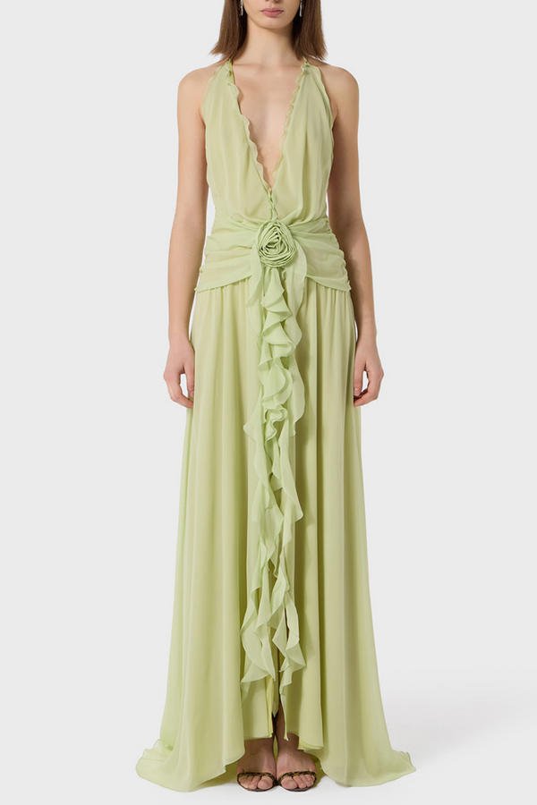 Aonaver Floral Ruffle Halter Maxi Dress - Green - Stellouette