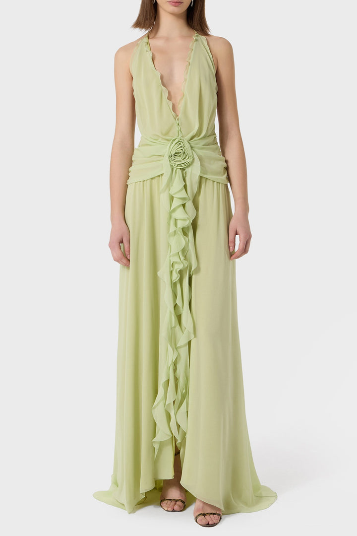 Aonaver Floral Ruffle Halter Maxi Dress - Green - Stellouette