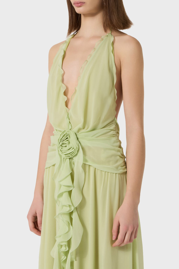 Aonaver Floral Ruffle Halter Maxi Dress - Green - Stellouette