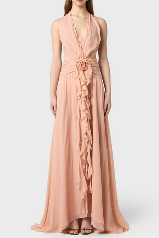 Aonaver Floral Ruffle Halter Maxi Dress - Pink