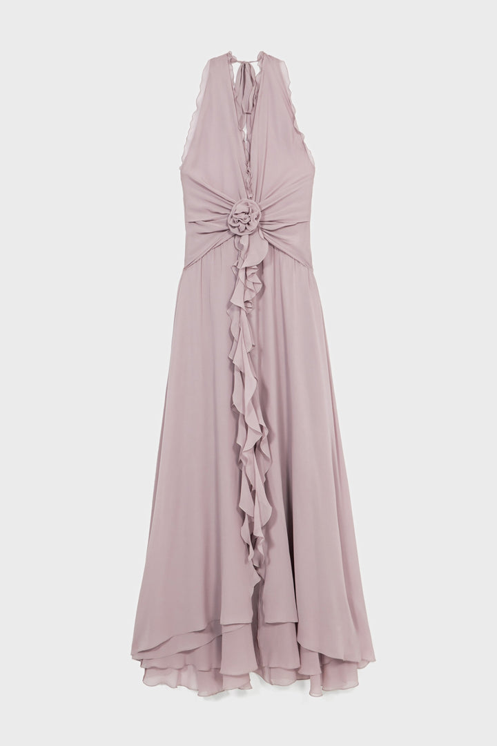 Aonaver Floral Ruffle Halter Maxi Dress - Purple - Stellouette