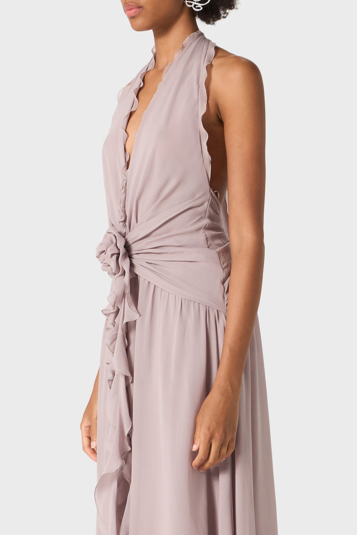 Aonaver Floral Ruffle Halter Maxi Dress - Purple - Stellouette