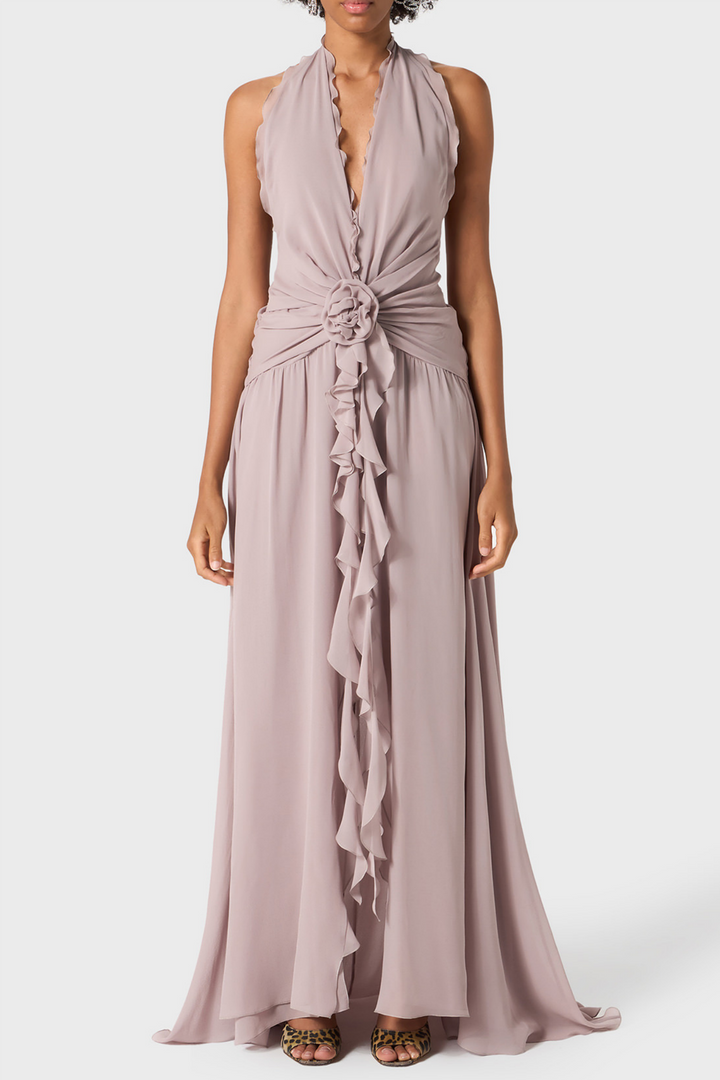 Aonaver Floral Ruffle Halter Maxi Dress - Purple - Stellouette