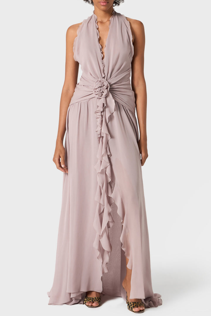 Aonaver Floral Ruffle Halter Maxi Dress - Purple - Stellouette