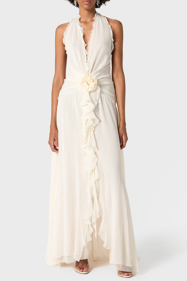 Aonaver Floral Ruffle Halter Maxi Dress - White - Stellouette