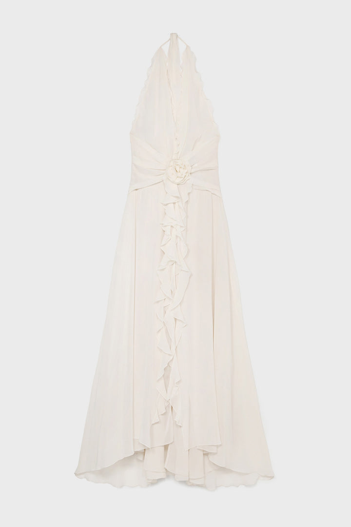 Aonaver Floral Ruffle Halter Maxi Dress - White - Stellouette