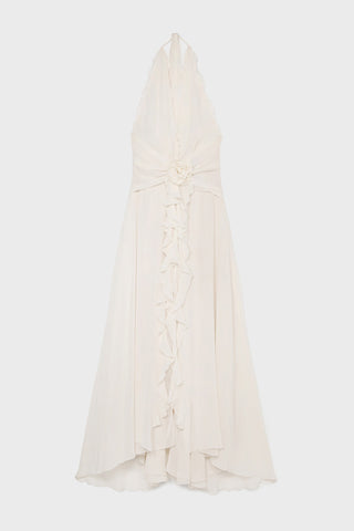 Aonaver Floral Ruffle Halter Maxi Dress - White
