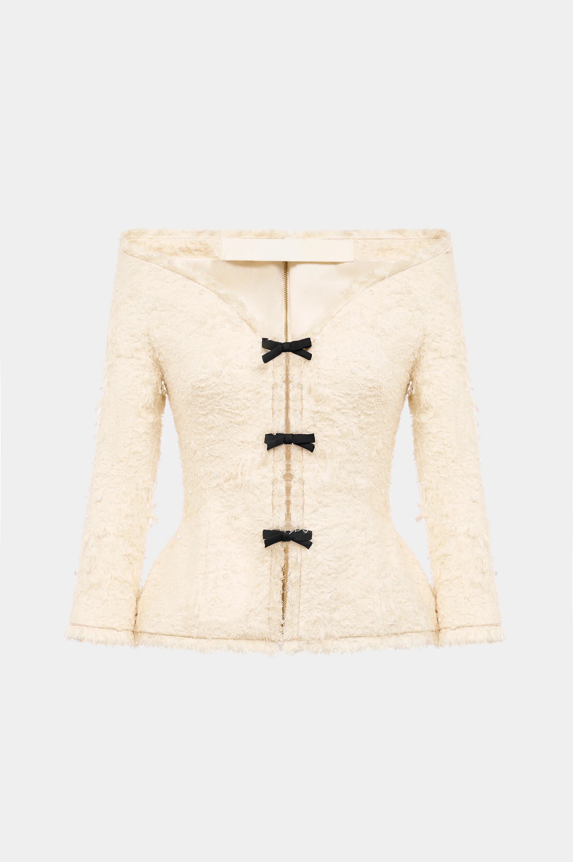 Arife Off Shoulder Bow Crystal Embellished Blazer Two Piece Set - Beige