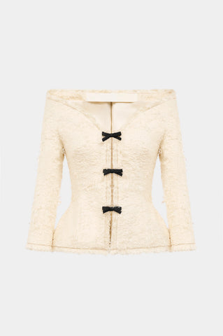 Arife Off Shoulder Bow Crystal Embellished Blazer Two Piece Set - Beige