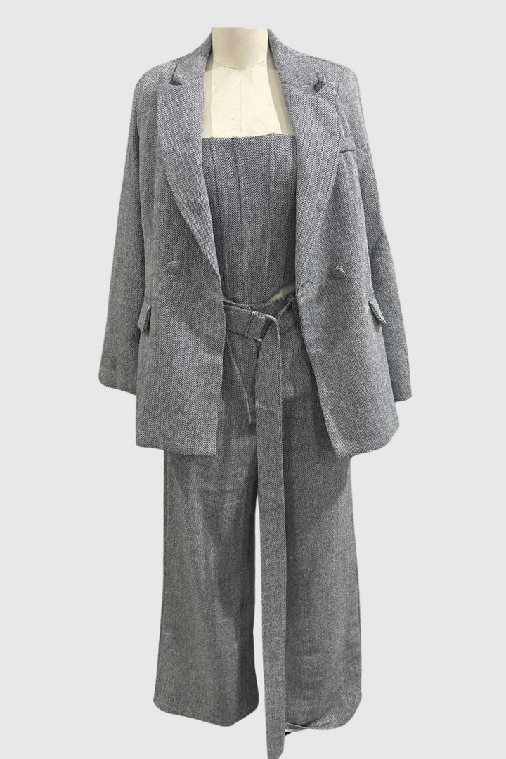 Armenb Lapel Strapless Three Piece Set - Grey - Stellouette
