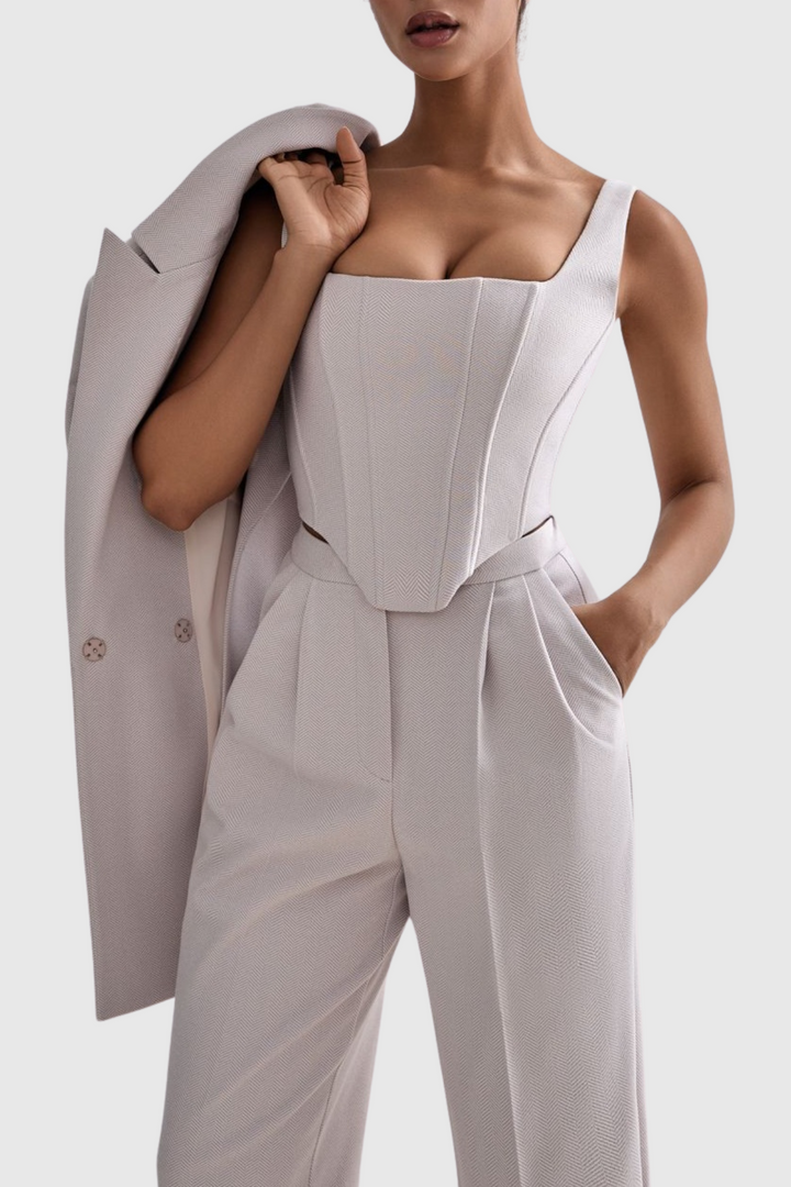Armenb Lapel Strapless Three Piece Set - Beige - Stellouette