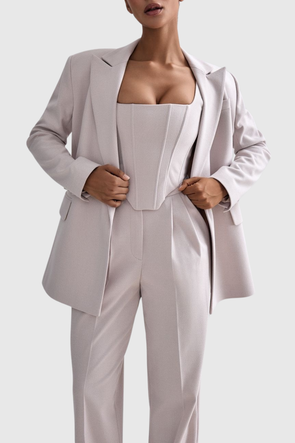 Armenb Lapel Strapless Three Piece Set - Beige