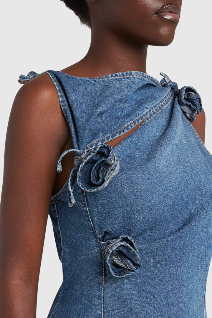 Balto Flower Asymmetric Denim Mini Dress - Stellouette