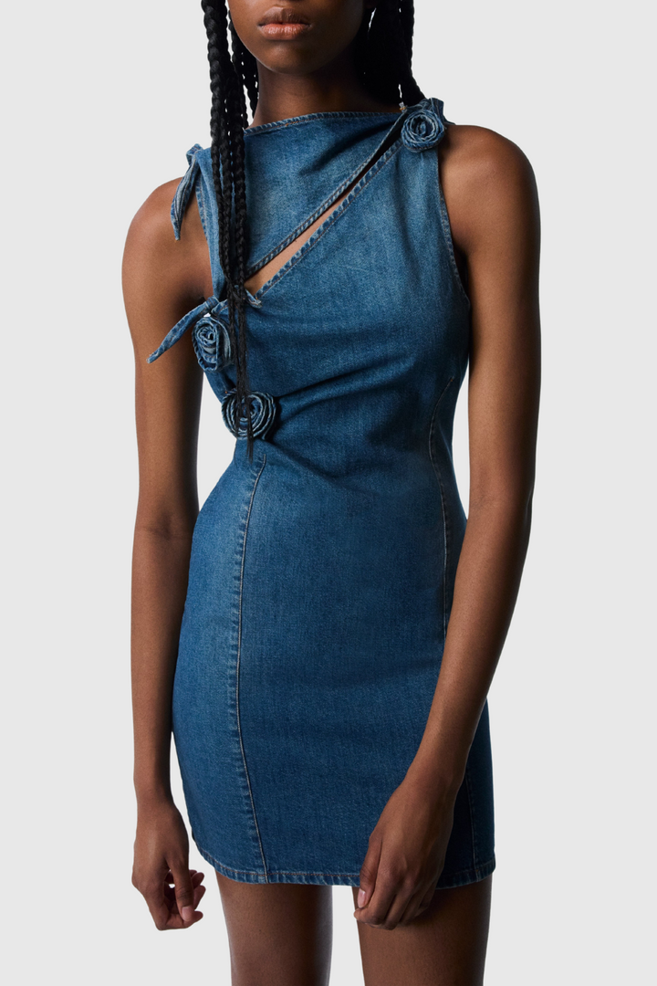 Balto Flower Asymmetric Denim Mini Dress - Stellouette