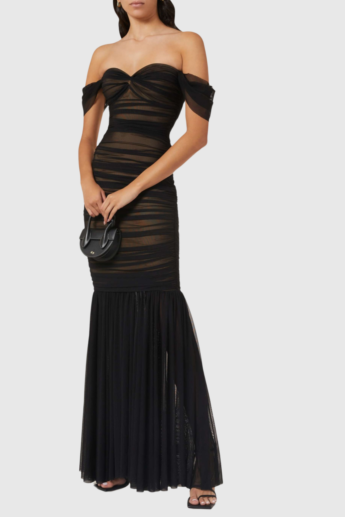 Cadhla Off Shoulder Ruched Mesh Maxi Dress