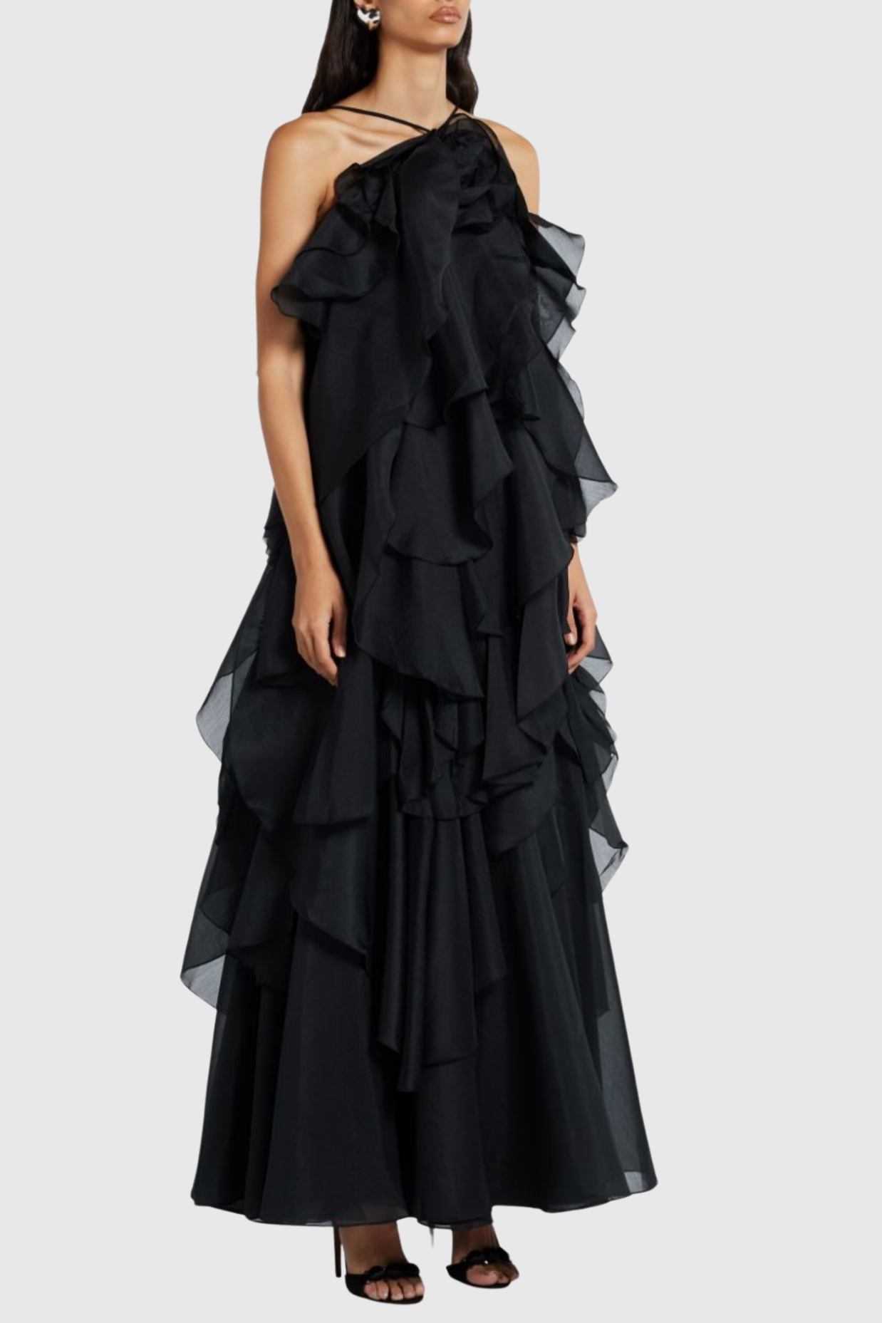Caysie Halter Floral Ruffle Layered Maxi Dress - Black