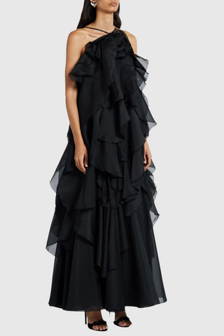 Caysie Halter Floral Ruffle Layered Maxi Dress - Black