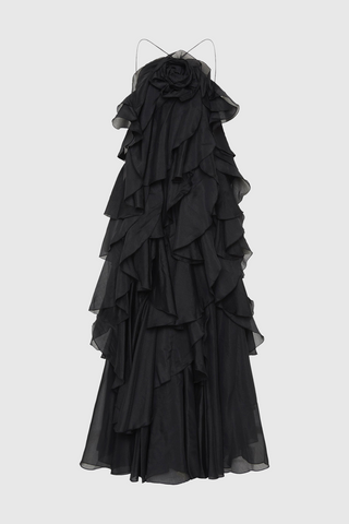 Caysie Halter Floral Ruffle Layered Maxi Dress - Black
