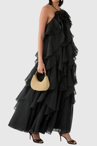 Caysie Halter Floral Ruffle Layered Maxi Dress - Black