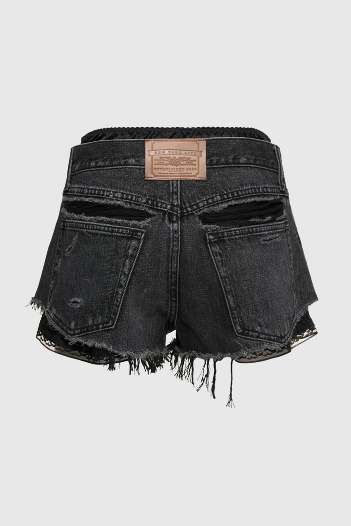 Chaeli Lace-layer Denim Shorts - Black - Stellouette